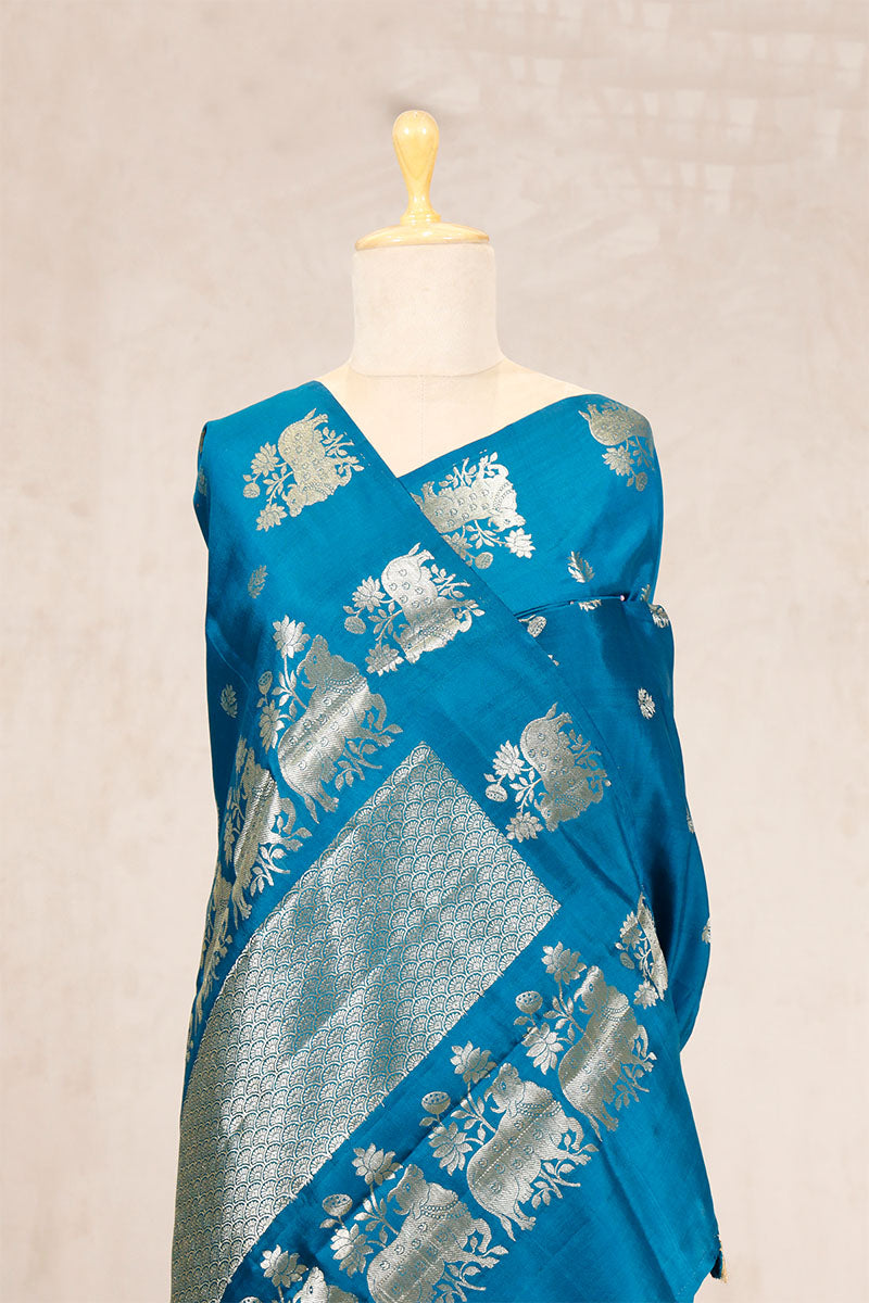 Blue Banarasi Chiniya Silk Saree with Pichwai Border