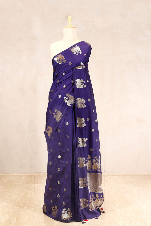 Navy Blue Banarasi Chiniya Silk Saree with Antique Zari Work