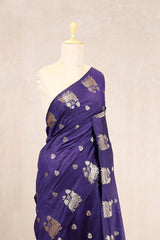 Navy Blue Banarasi Chiniya Silk Saree with Antique Zari Work