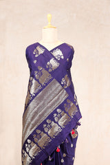 Navy Blue Banarasi Chiniya Silk Saree with Antique Zari Work