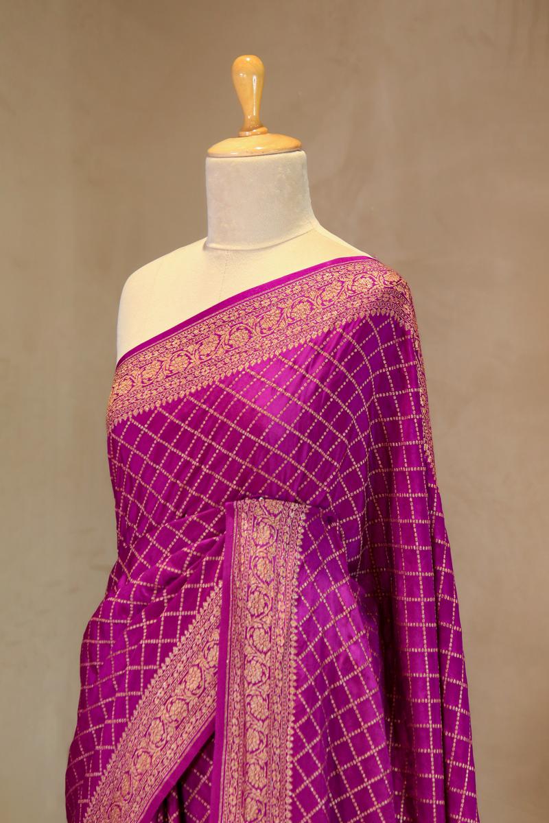 Violet Handloom Crepe Saree with Floral Konia Motif