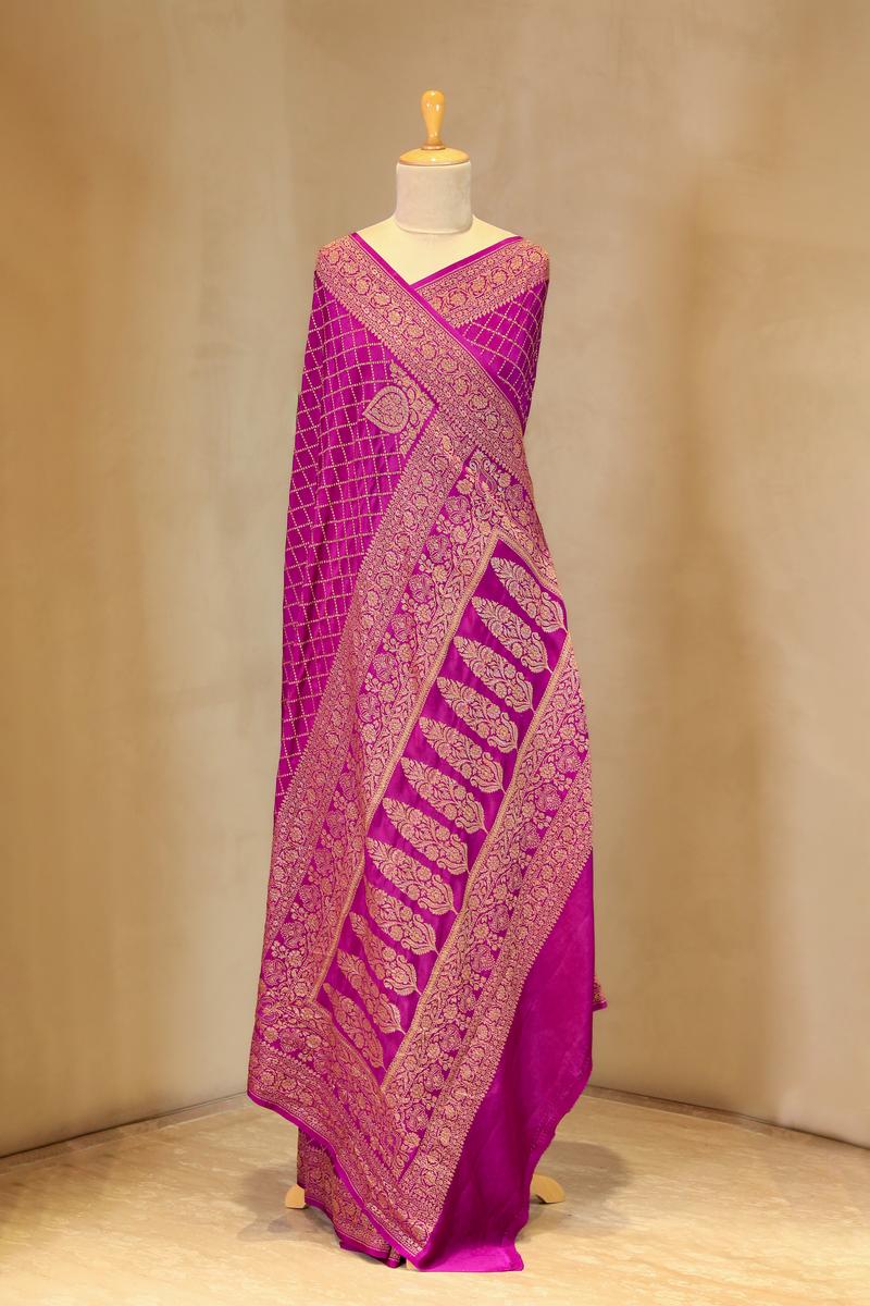 Violet Handloom Crepe Saree with Floral Konia Motif