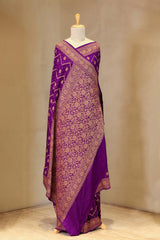 Purple Banarasi Crepe Saree with Zig-Zag Floral Work