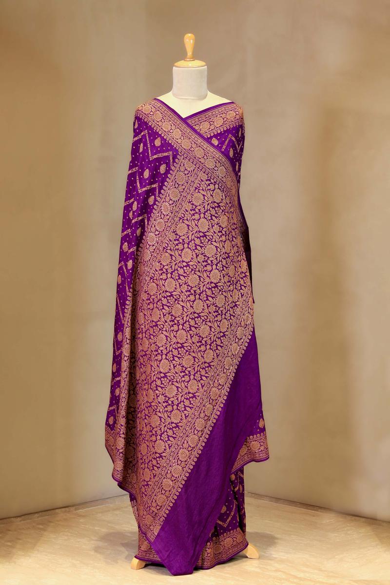 Purple Banarasi Crepe Saree with Zig-Zag Floral Work