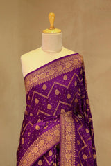 Purple Banarasi Crepe Saree with Zig-Zag Floral Work