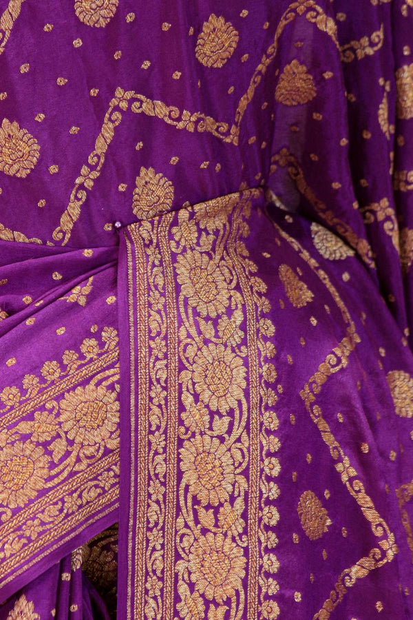 Purple Banarasi Crepe Saree with Zig-Zag Floral Work