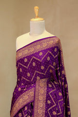 Purple Banarasi Crepe Saree with Zig-Zag Floral Work