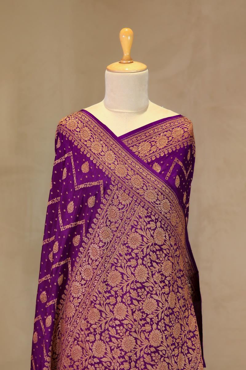 Purple Banarasi Crepe Saree with Zig-Zag Floral Work