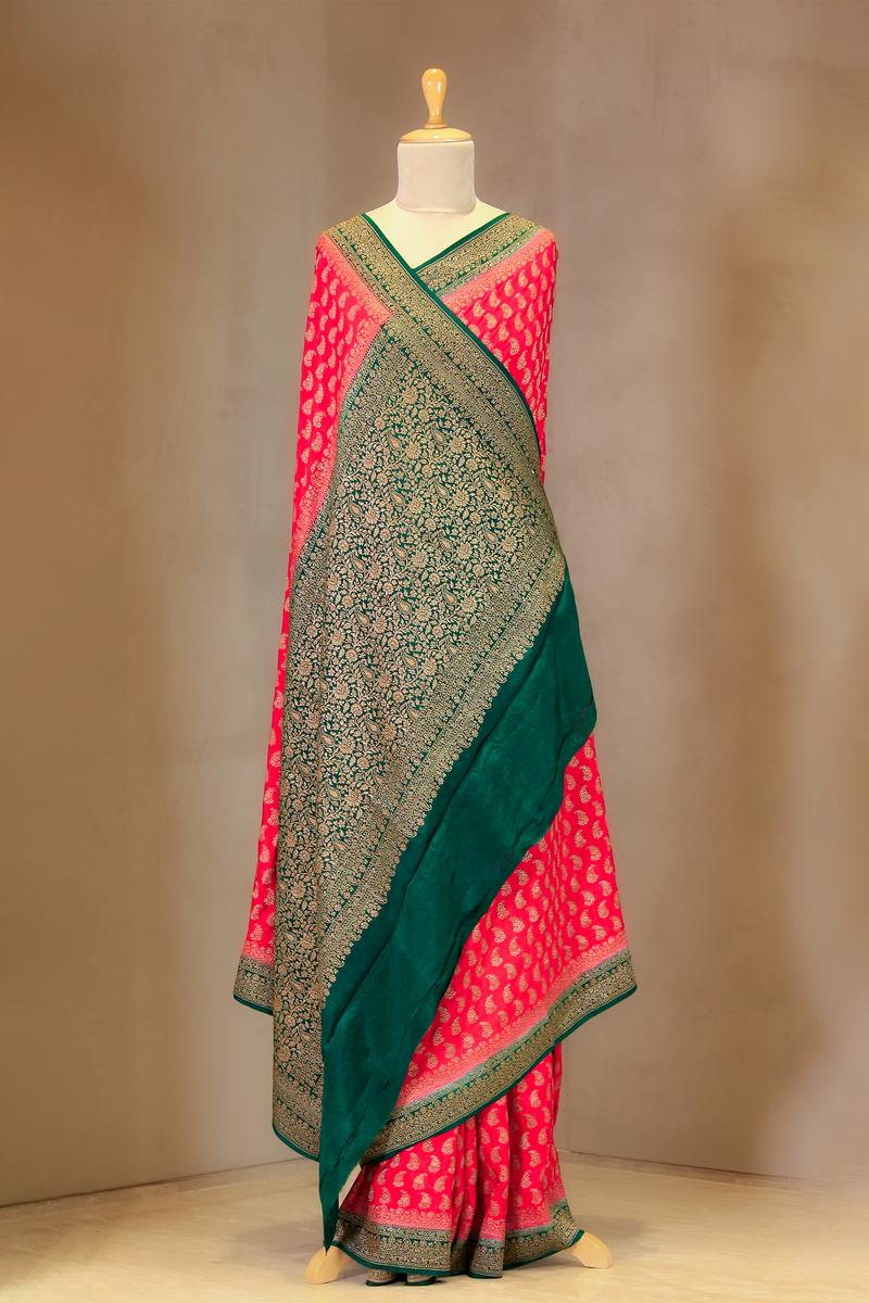 Red Handloom Crepe Saree with Green Pallu And Border