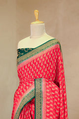 Red Handloom Crepe Saree with Green Pallu And Border