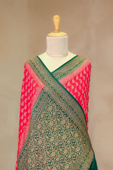 Red Handloom Crepe Saree with Green Pallu And Border