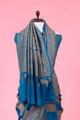 Teal Blue Khaddi Crepe Saree with Antique Zari Work