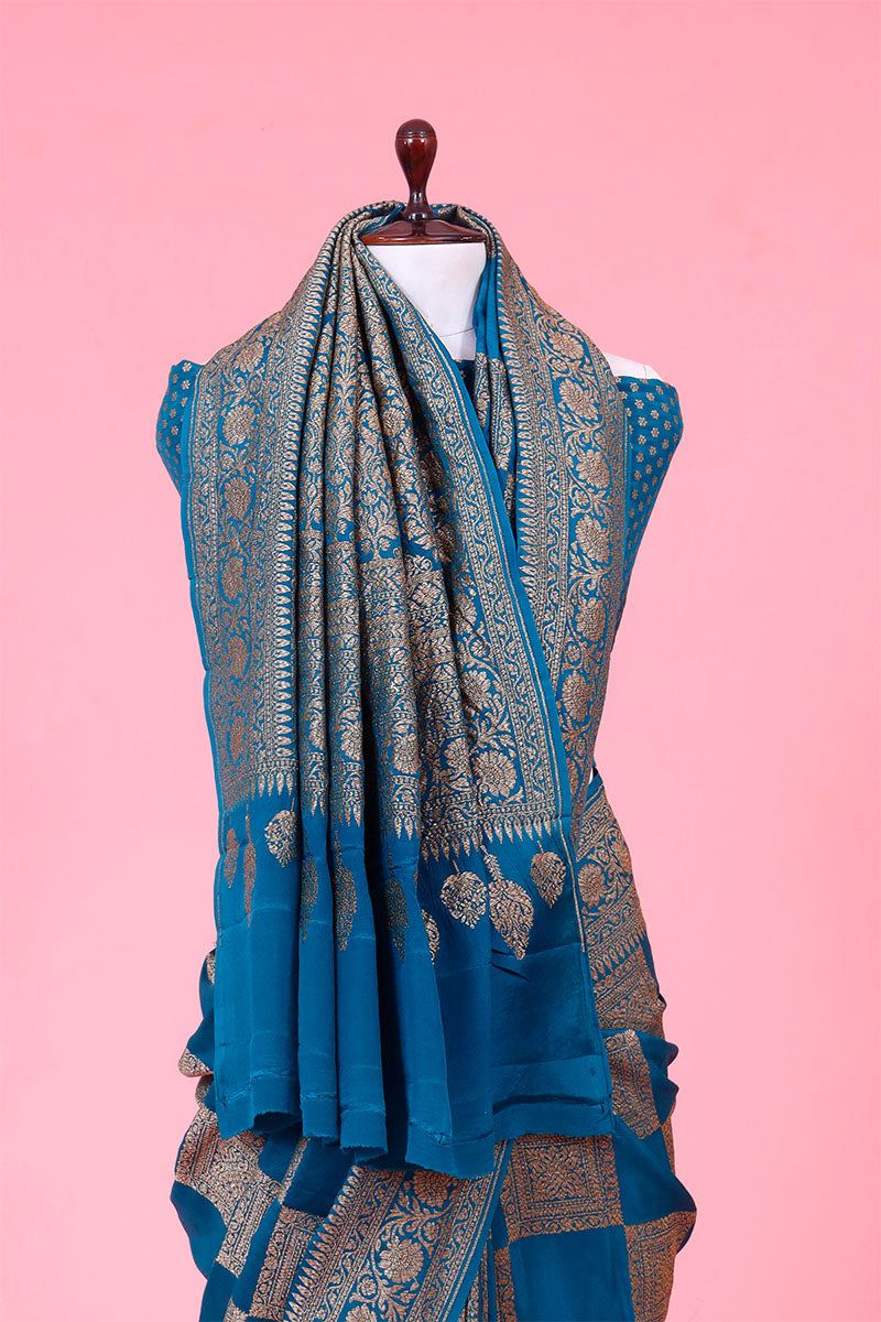 Teal Blue Khaddi Crepe Saree with Antique Zari Work