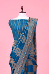 Teal Blue Khaddi Crepe Saree with Antique Zari Work