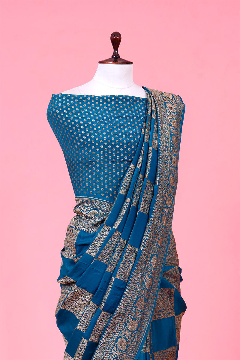 Teal Blue Khaddi Crepe Saree with Antique Zari Work