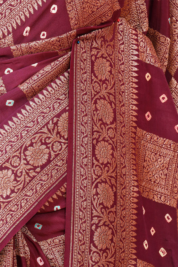 Brown Khaddi Crepe Saree with Bandhani Antique Zari Work