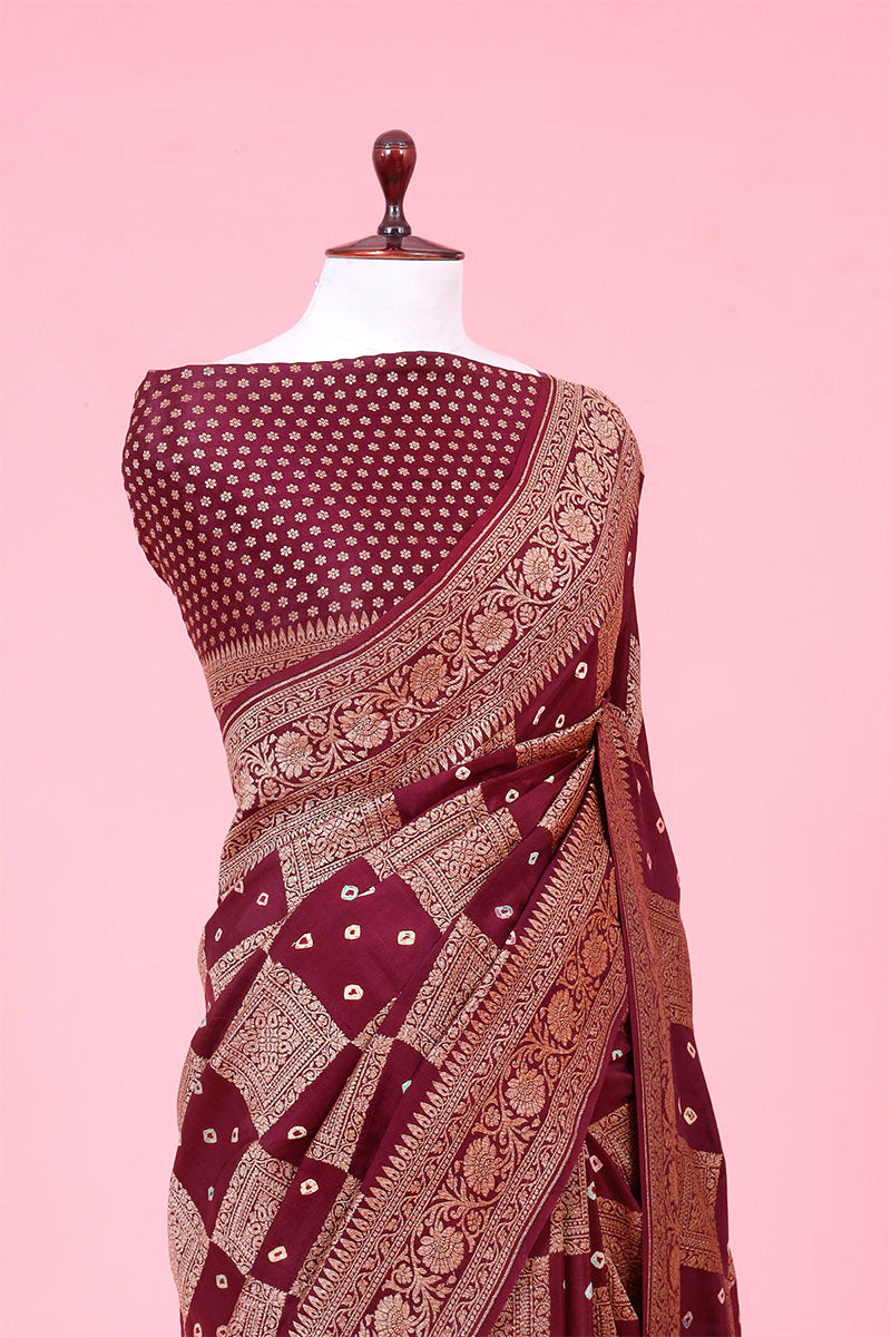 Brown Khaddi Crepe Saree with Bandhani Antique Zari Work