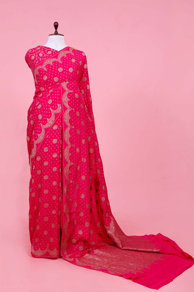 Crepe Saree, Crepe silk saree, silk saree, magenta Pink saree, wedding saree, party wear saree​