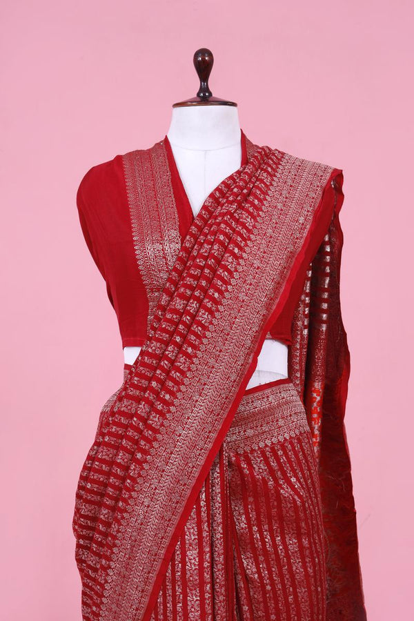 Red Handloom Crepe Khaddi Silk Saree with Silver Zari Stripes