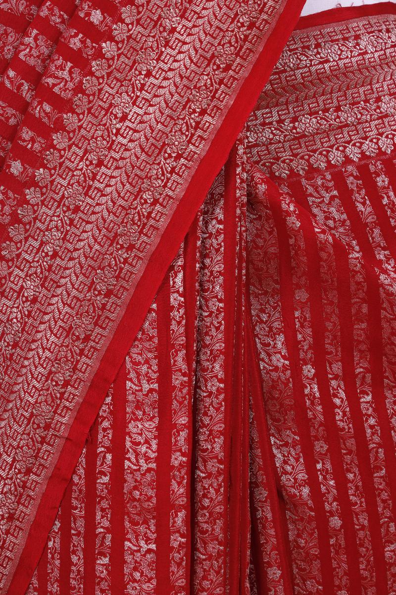 Red Handloom Crepe Khaddi Silk Saree with Silver Zari Stripes