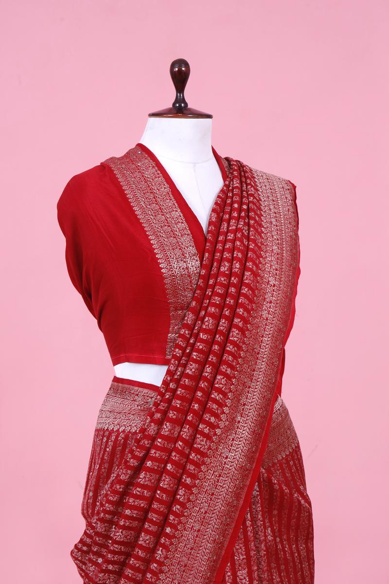 Red Handloom Crepe Khaddi Silk Saree with Silver Zari Stripes