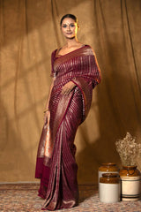 Maroon Handloom Crepe Khaddi Saree with Silver Zari Stripes