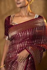 Maroon Handloom Crepe Khaddi Saree with Silver Zari Stripes