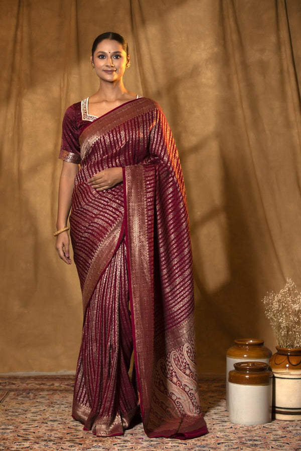 Crepe Saree, Crepe silk saree, silk saree, maroon saree, wedding saree, party wear saree​, handloom saree