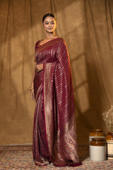 Maroon Handloom Crepe Khaddi Saree with Silver Zari Stripes