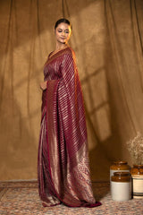 Maroon Handloom Crepe Khaddi Saree with Silver Zari Stripes