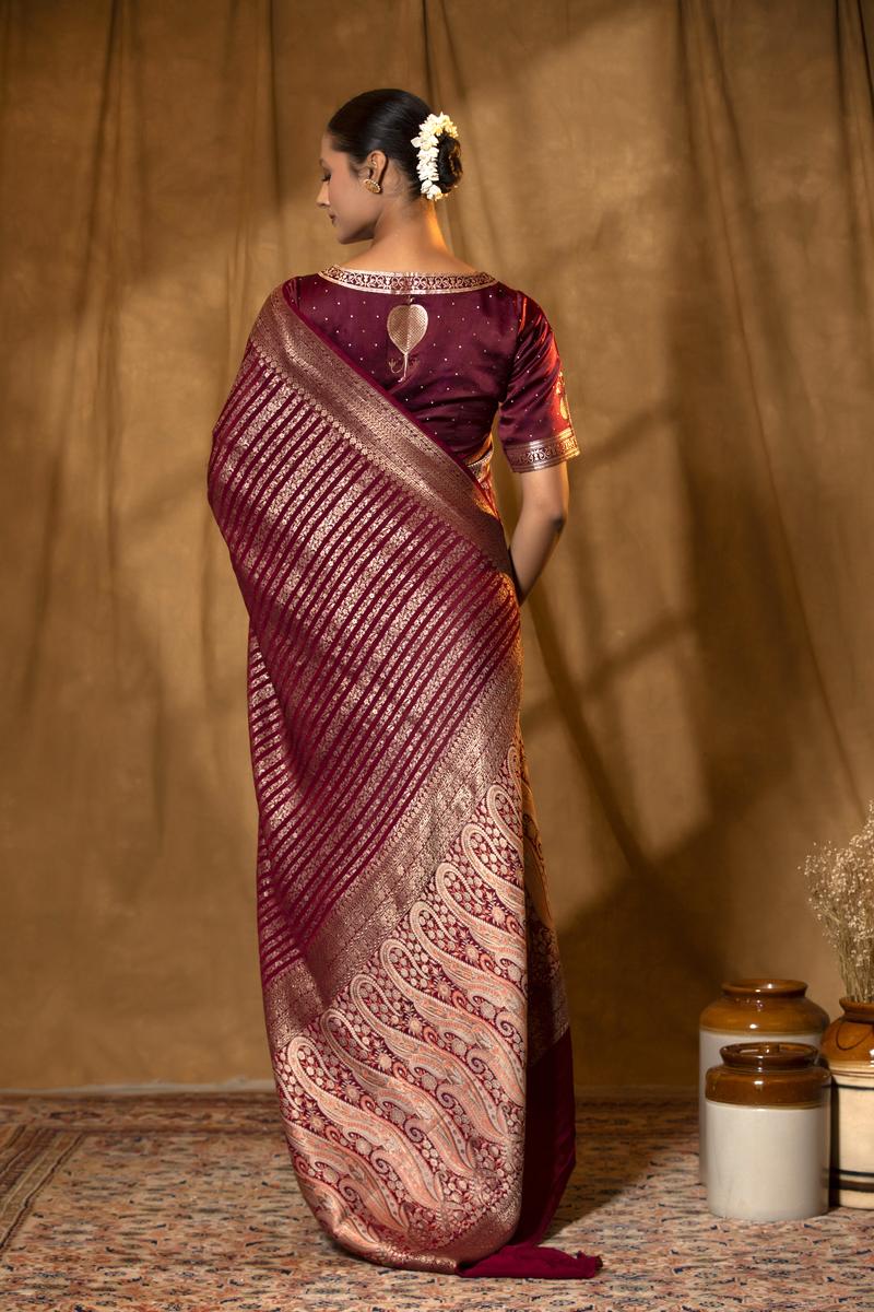 Maroon Handloom Crepe Khaddi Saree with Silver Zari Stripes