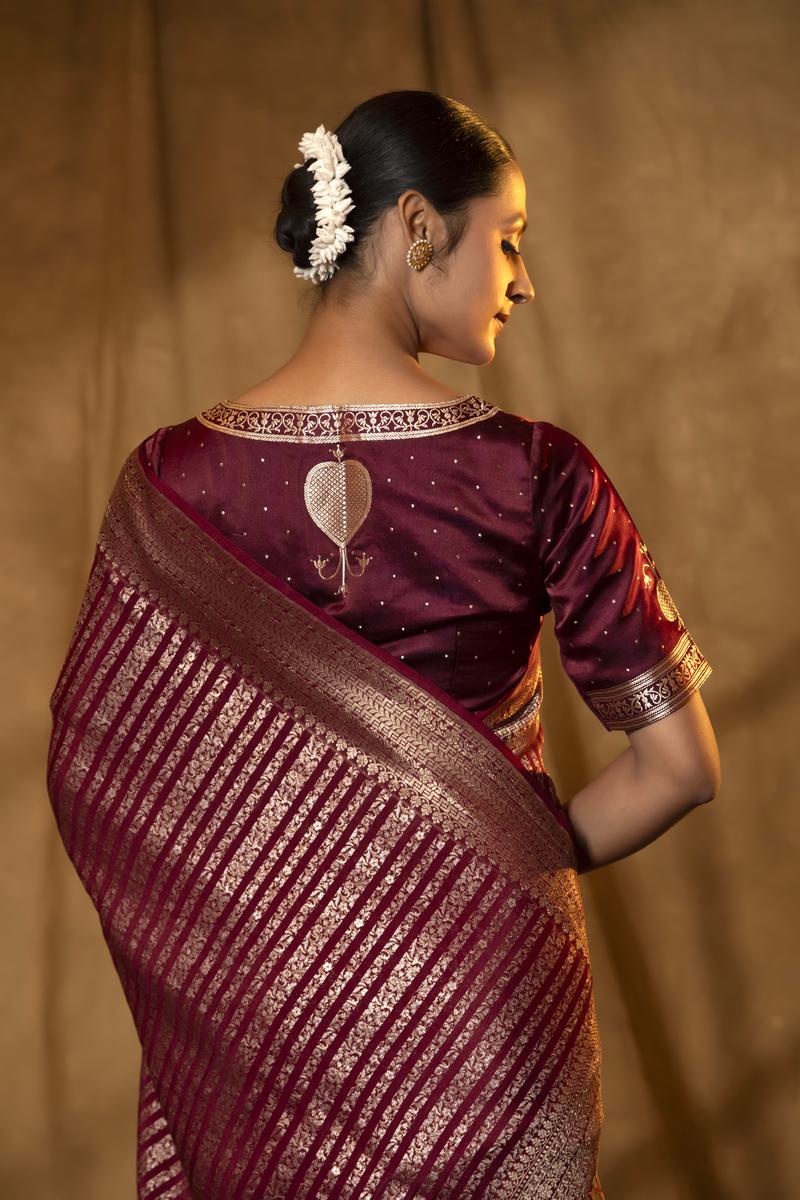 Maroon Handloom Crepe Khaddi Saree with Silver Zari Stripes