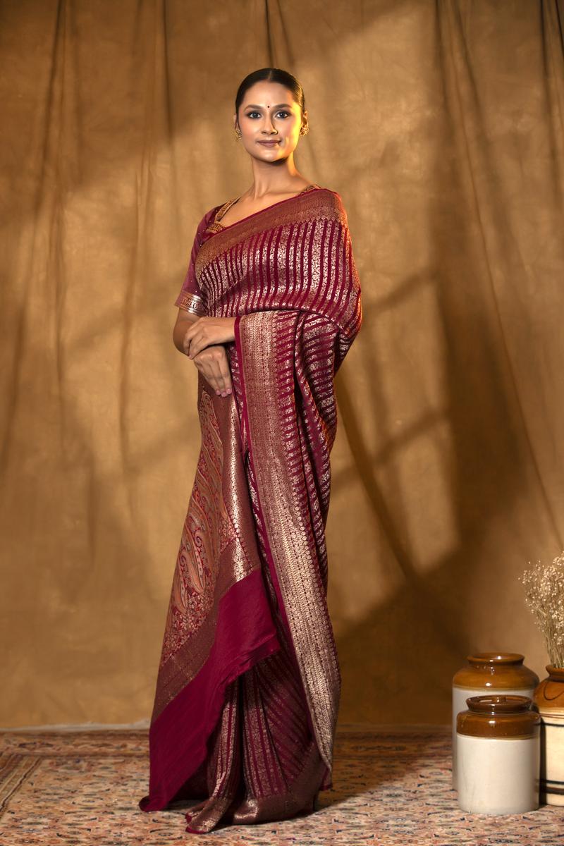 Maroon Handloom Crepe Khaddi Saree with Silver Zari Stripes