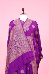 Violet Crepe Banarasi Saree with Antique Zari Floral Motifs