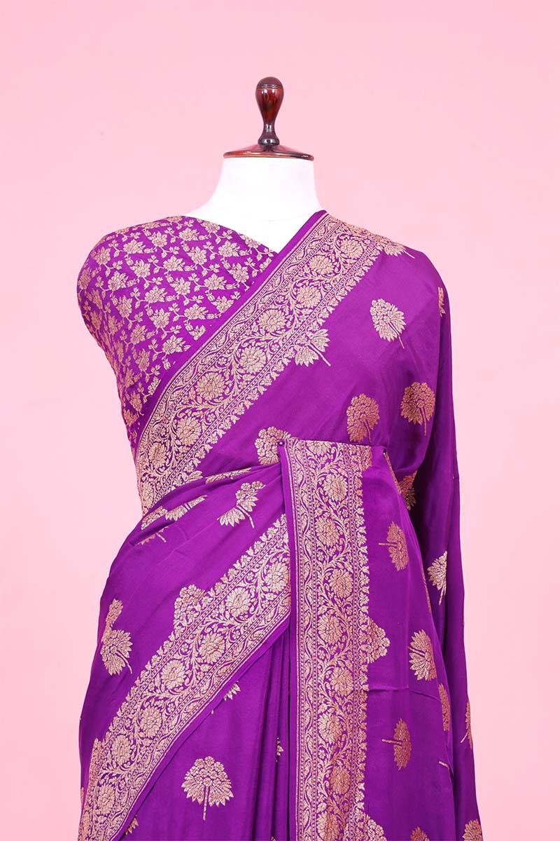 Violet Crepe Banarasi Saree with Antique Zari Floral Motifs