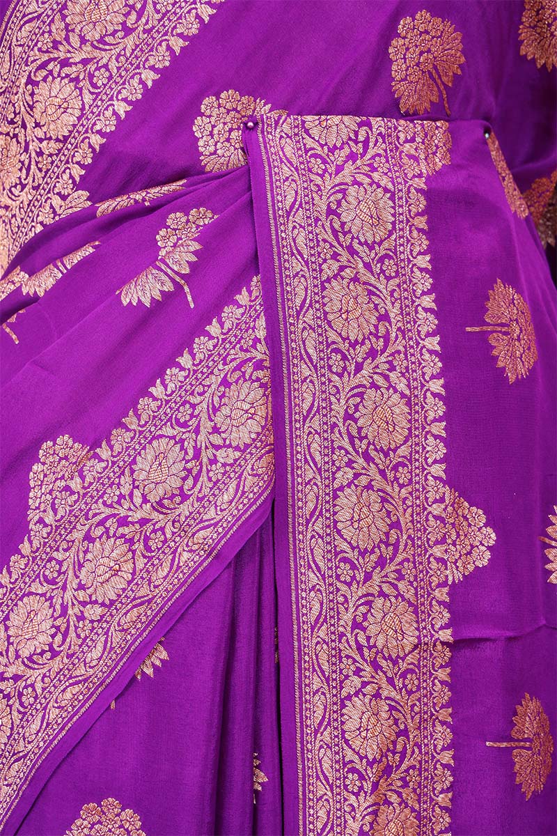 Violet Crepe Banarasi Saree with Antique Zari Floral Motifs