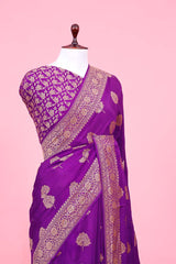 Violet Crepe Banarasi Saree with Antique Zari Floral Motifs