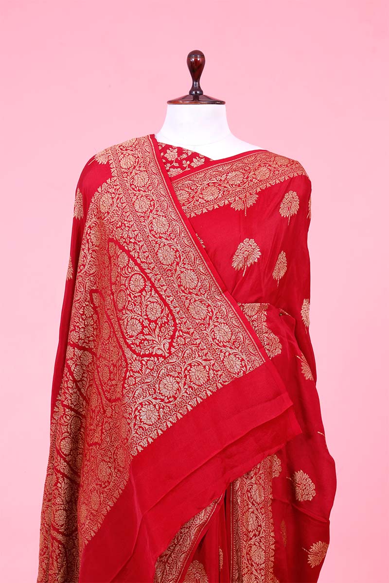 Maroon Crepe Banarasi Saree with Antique Zari Floral Motifs