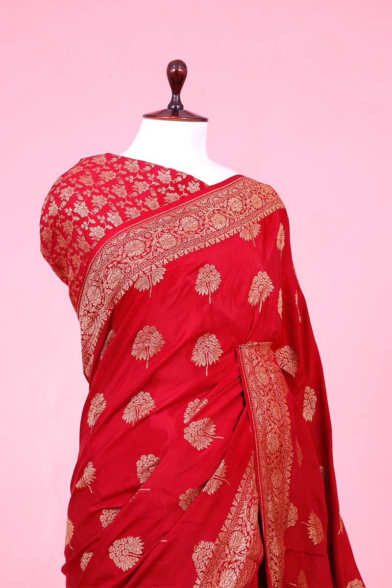 Maroon Crepe Banarasi Saree with Antique Zari Floral Motifs