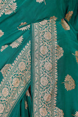 Bottle Green Crepe Banarasi Saree with Antique Zari Floral Motifs