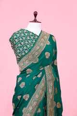 Bottle Green Crepe Banarasi Saree with Antique Zari Floral Motifs