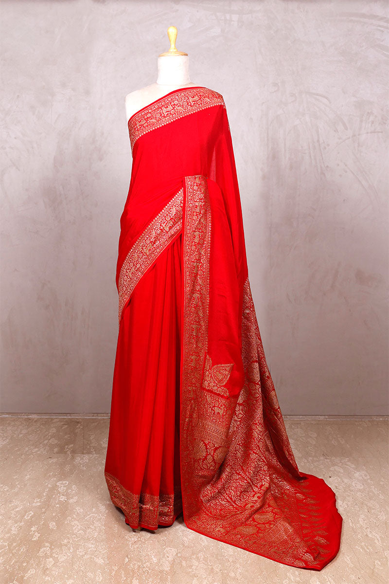 Red saree, Crepe Saree, Banarasi saree, wedding saree, party wear saree​