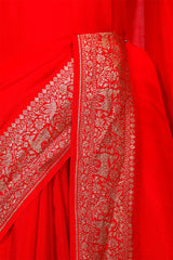 Red Handloom Crepe Saree with Shikargah Zari Work