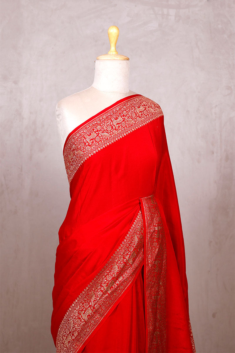 Red Handloom Crepe Saree with Shikargah Zari Work