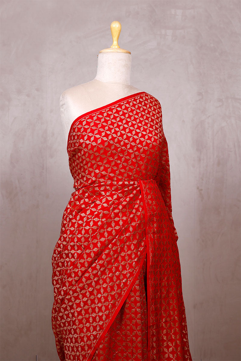 Red Crepe Banarasi Khaddi Saree with Floral Pallu