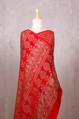 Red Crepe Banarasi Khaddi Saree with Floral Pallu