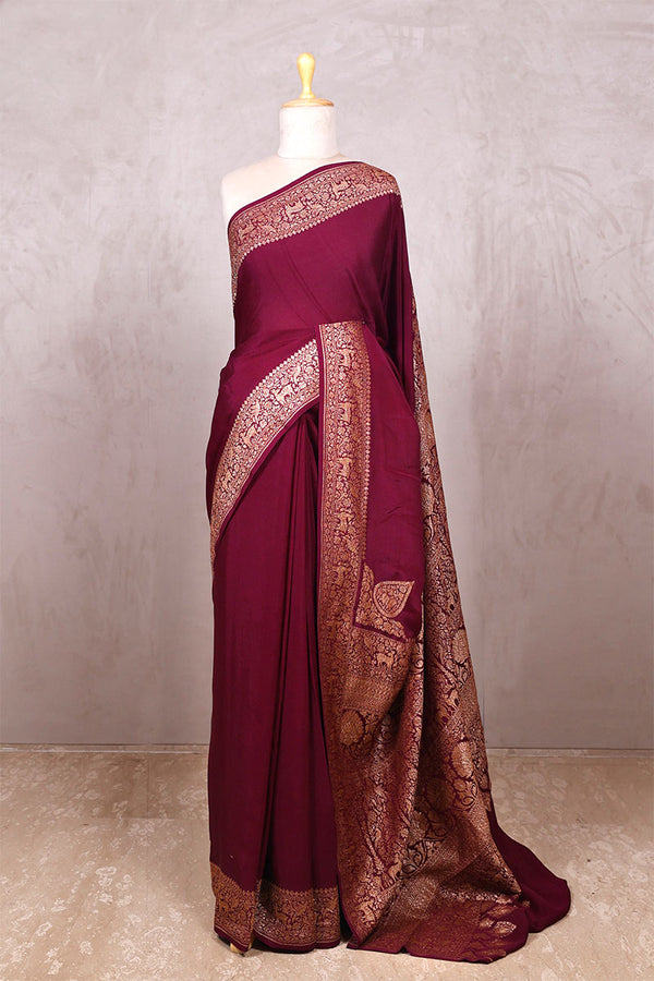 wine saree, Crepe Saree, Banarasi saree, wedding saree, party wear saree​