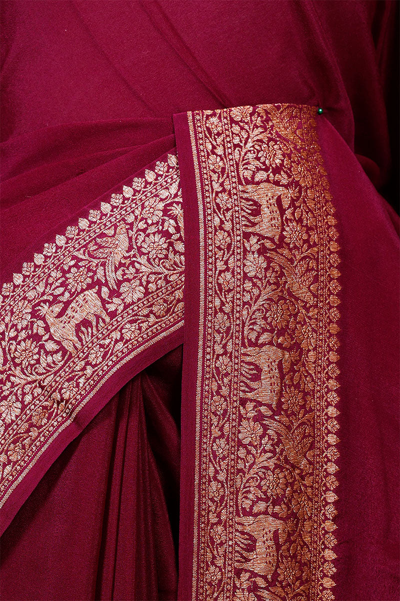 Wine Handloom Crepe Saree with Shikargah Zari Work