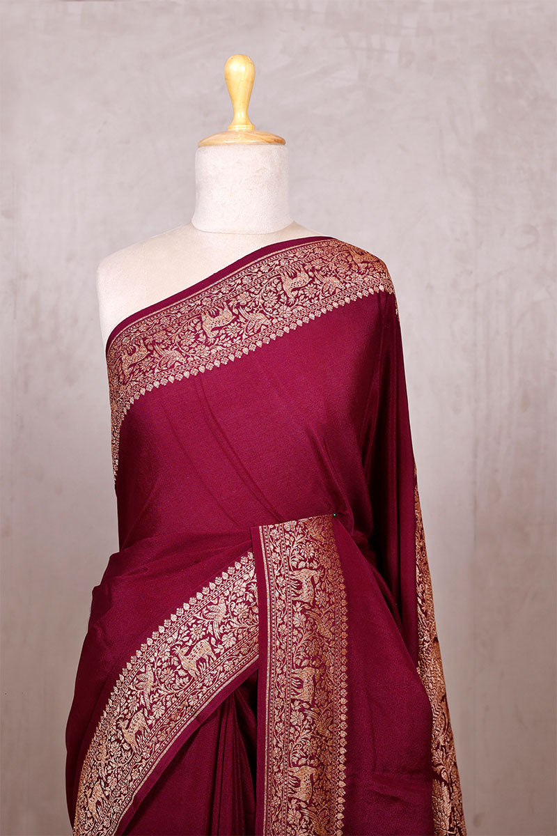 Wine Handloom Crepe Saree with Shikargah Zari Work