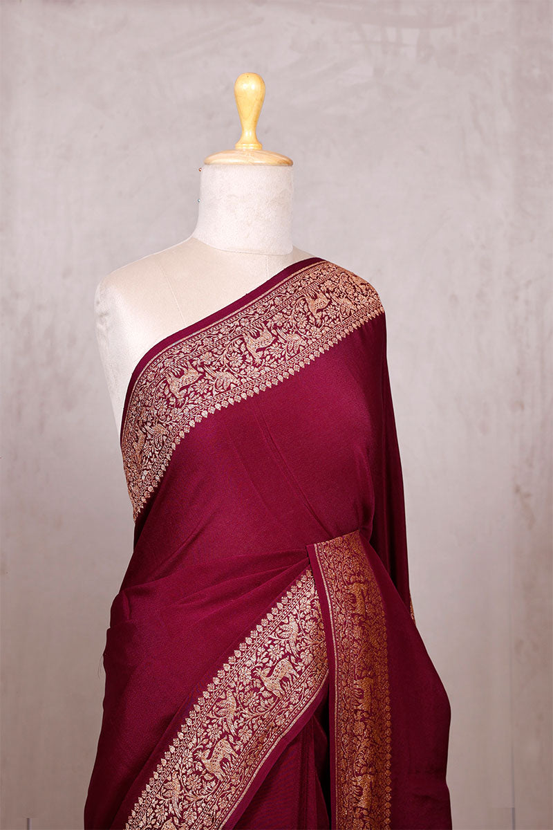 Wine Handloom Crepe Saree with Shikargah Zari Work